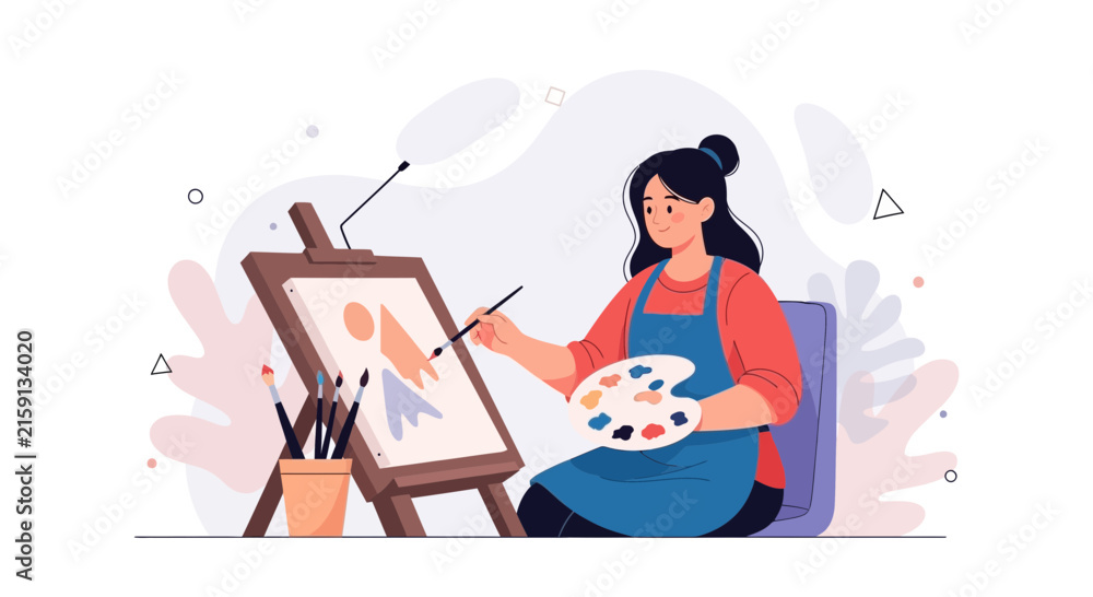 Fototapeta premium Artist painting abstract art on easel with palette and brushes, modern flat vector illustration