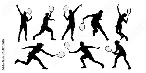Set of black silhouettes of tennis players in various action poses, including serving, swinging, and running, isolated on a white background, for sports