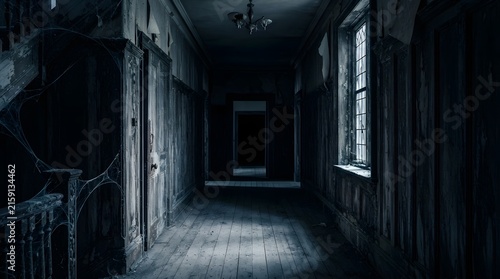 Creepy abandoned hallway in an old haunted mansion with cobwebs and dark atmosphere