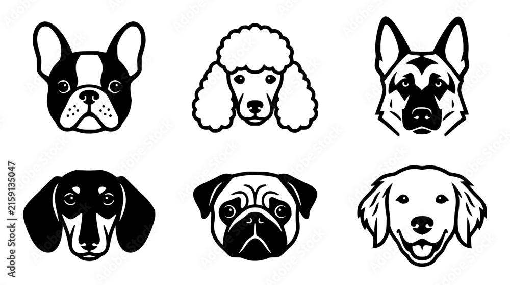 Fototapeta premium Stylized dog heads set with minimalist line art featuring cartoon dogs, profile views, and geometric shapes with clean lines and modern design
