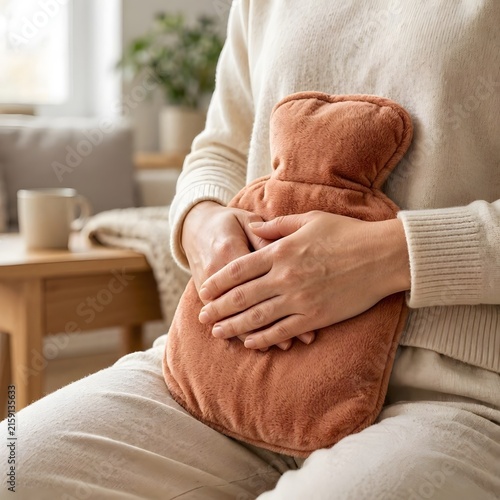 Woman Using Hot Water Bottle for Menstrual Pain Relief