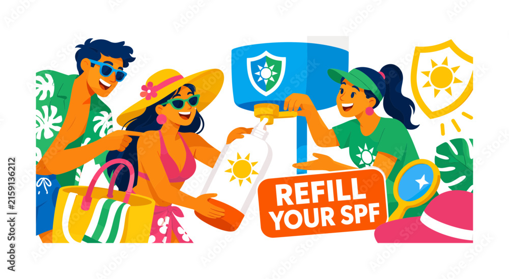 Fototapeta premium Refill Sunscreen Station banner showing two expressive beach visitors refilling sun protection with help from an attendant, with an oversized sunscreen dispenser and oversized refillable bottle, plus