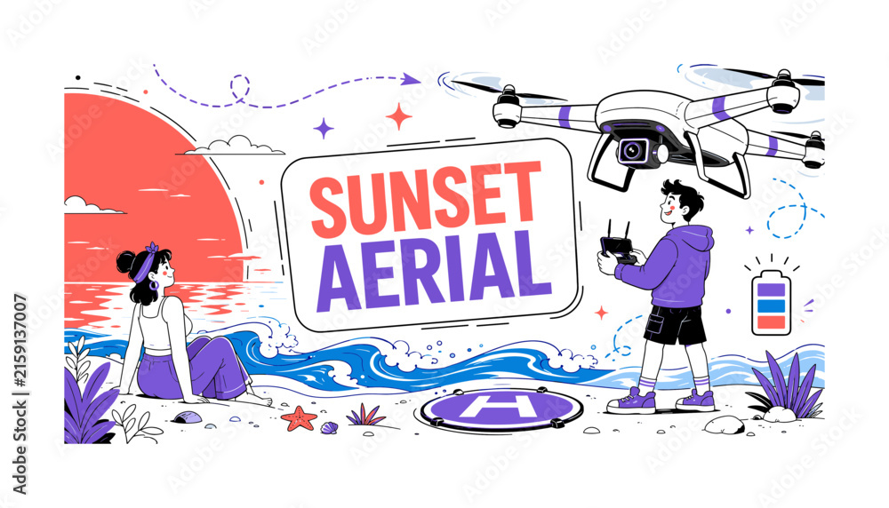 Obraz premium Drone Beach Sunset Shot. Clean editorial banner showing a creator launching a drone while a companion watches a beach sunset, with an oversized drone and large setting sun extending across opposite