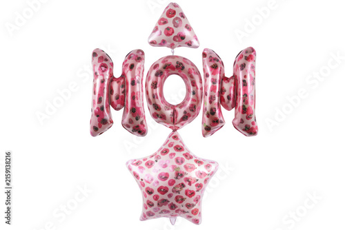 Pink foil balloons shaped like the word mom for mother's day decoration isolated on white background p n g a i generated