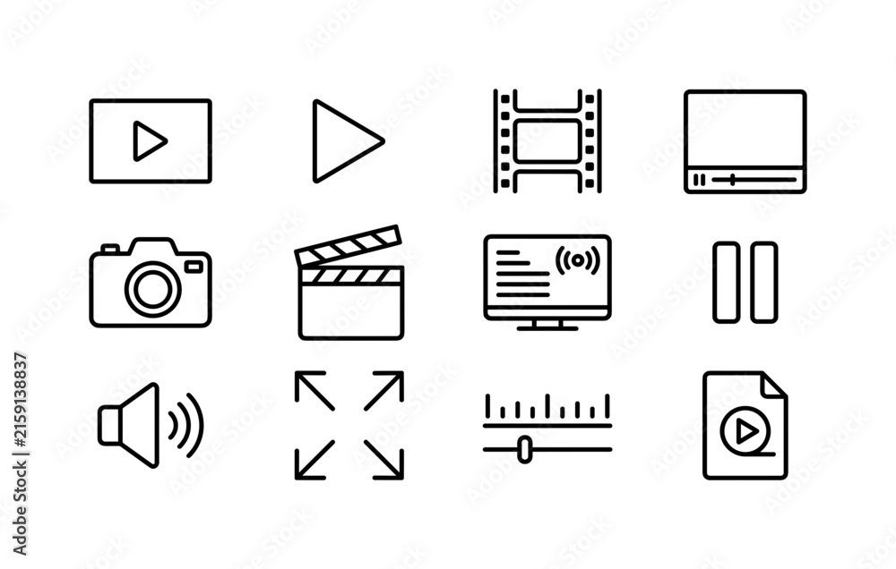 Obraz premium Video Media Controls, line icon set featuring video frame, play button, film strip, media player, camera, clapperboard, streaming screen, pause control, volume speaker, fullscreen button, timeline and