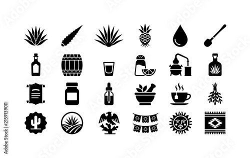 Blue Agave Botanicals, solid glyph icon set featuring agave bush, spiky leaf, tequila bottle, cactus badge, botanical label, medicine jar, farm emblem and Mexican symbol, covering agave, tequila,