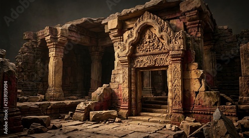 Ancient stone temple ruins in dense jungle.