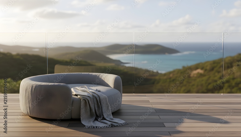 Fototapeta premium Comfortable modern designer pet bed on balcony wooden deck with blanket overlooking scenic coastal hills and ocean for luxury animal relaxation lifestyle concept