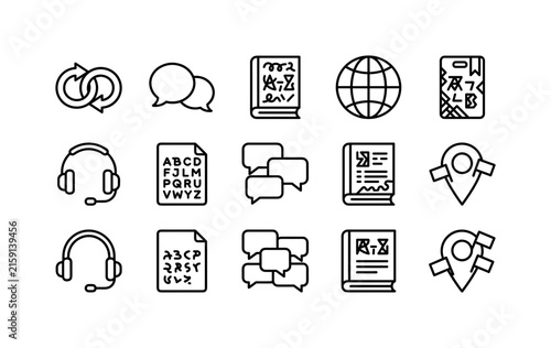 Language Translation Tools, line icon set featuring translation arrows, speech bubbles, dictionary, globe, language card, interpreter headset, alphabet page, multilingual chat, vocabulary book,