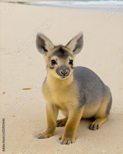 A  baby patagonian mara  rabbit genetic hybrid fantasy animal, fictional species,   in a tropical beach sandbar