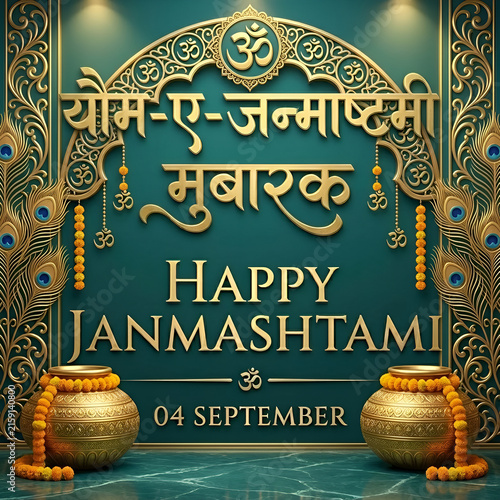 Krishna Janmashtami Celebration Greeting Template with Peacock Feather Decoration