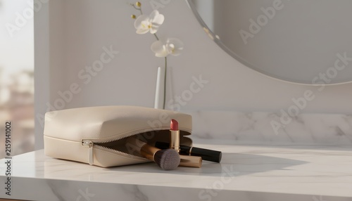 Open makeup bag on vanity table with luxury cosmetic brush and lipstick on elegant marble countertop for morning self care routine and female beauty concept