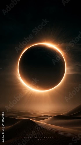 Retro travel poster featuring Saharan sand dunes beneath the blazing solar corona of the 2027 total eclipse, with dramatic dark skies, golden rays and bold vintage vector styling.