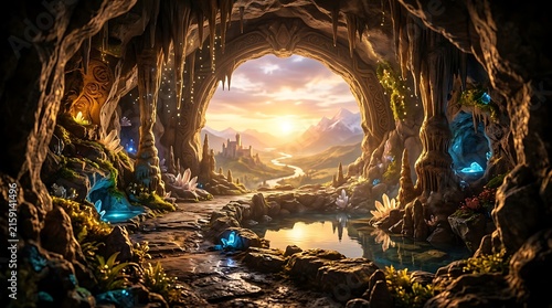 Ancient stone tunnel with glowing blue light shafts.