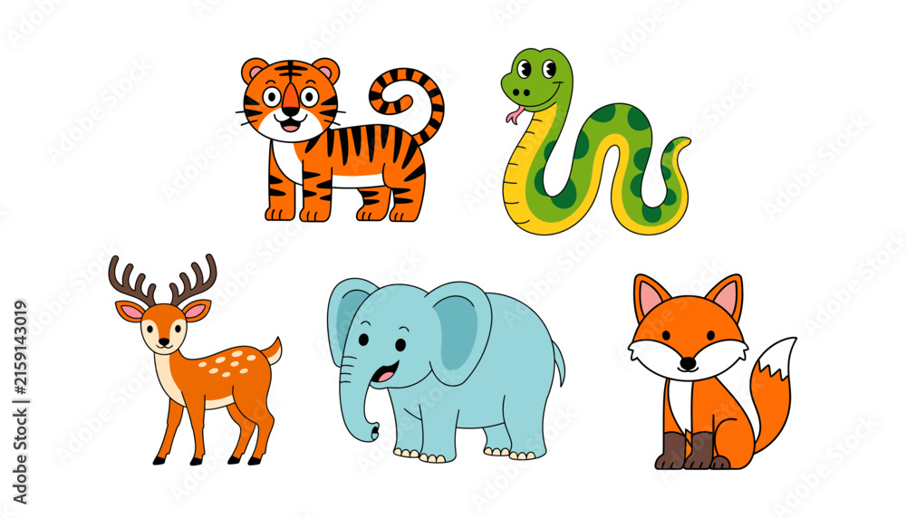 Obraz premium Cartoon animal illustration collection featuring tiger, snake, deer, elephant, fox, colorful playful wildlife characters