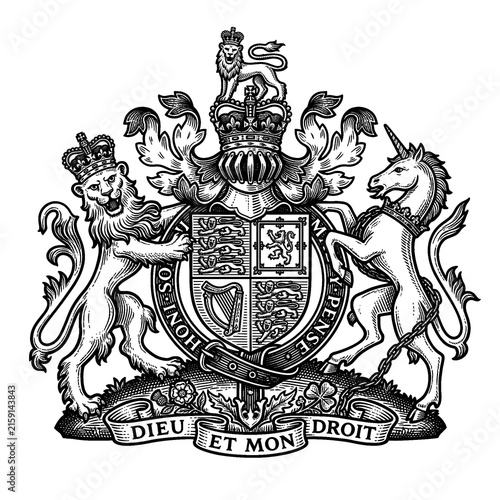 Detailed Vintage Engraved British Royal Coat of Arms, Historic Heraldic Crest Illustration, Transparent PNG
