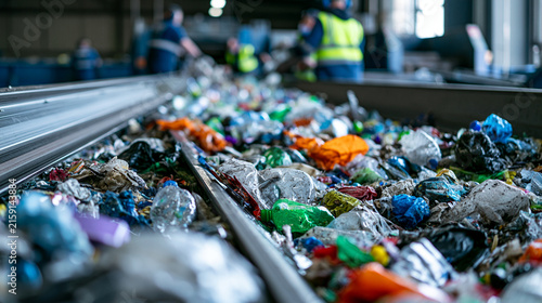 Plastic waste moves along a mechanical conveyor belt in a modern recycling facility. Efficient trash sorting concept for circular economy and sustainable waste management.
