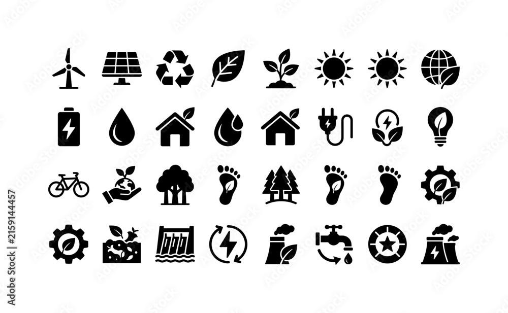 Fototapeta premium Eco Energy Symbols, solid glyph icon set featuring wind turbine, solar panel, recycling arrows, leaf, plant, sun, earth, battery, water drop, eco house, covering sustainability, renewable energy,