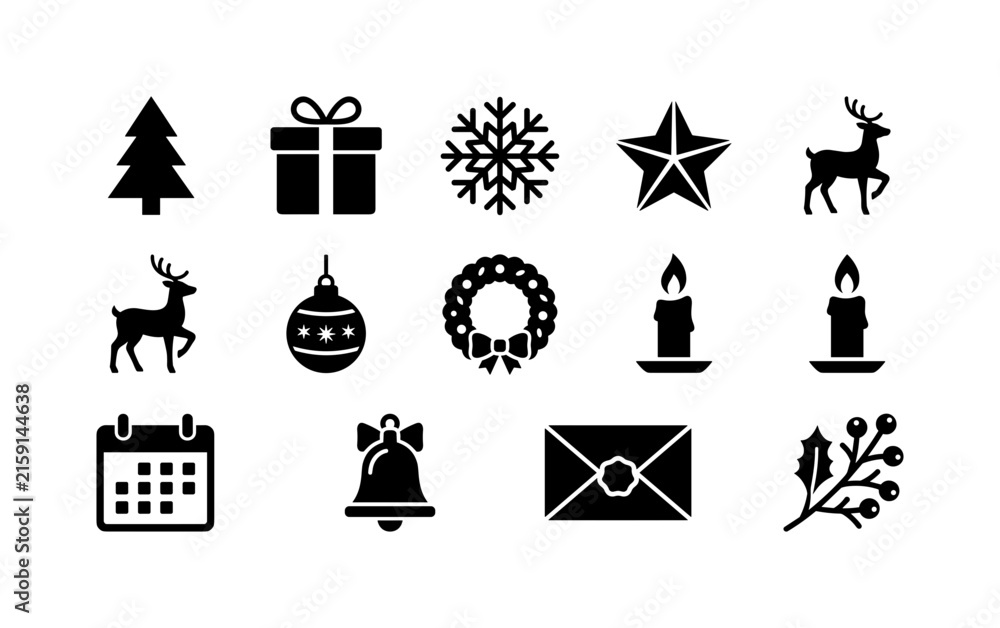 Fototapeta premium Abstract Holiday Greetings, solid glyph icon set featuring Christmas tree, gift, snowflake, star, reindeer silhouette, ornament, wreath, candle, calendar, party bell, greeting envelope, and winter