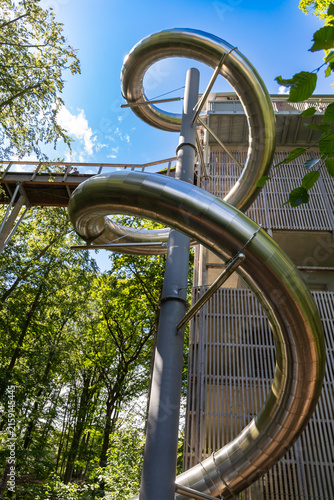 Binz, Ruegen, Mecklenburg-Western Pomerania, Germany-July 23, 2026: Spiral slide at the treetop walk tower