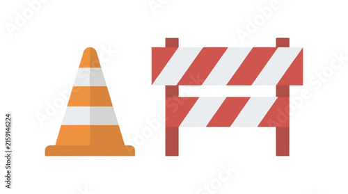 Orange traffic cone and red construction barrier vector illustration featuring striped safety signs for road maintenance and urban zone security