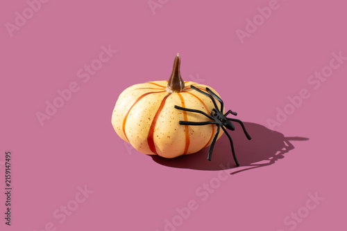 Konstfotografi Black spider climbe on orange yellow pumpkin on a bright pastel purple background