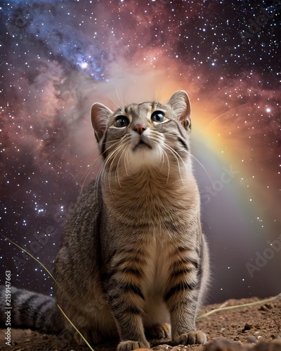 A pampas cat in a nebula plume rainbow.
