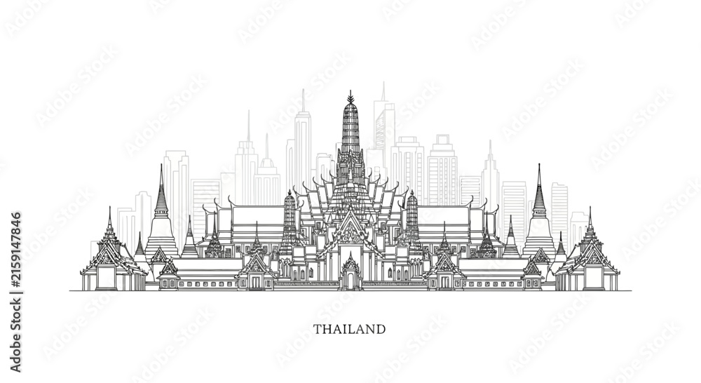 Fototapeta premium Bangkok Skyline Line Art: Grand Palace and Modern Buildings