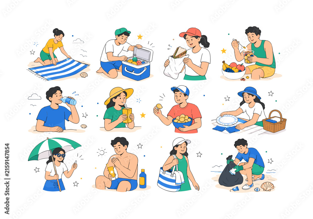 Fototapeta premium Beach Picnic Essentials. Blankets, coolers, sandwiches, fruit, drinks, snacks, plates, napkins, shade, sunscreen, bags, waste cleanup, and seashells. 12 minimalist editorial vector scenes: friend