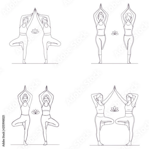 Continuous Line Art Illustration of Two Women Practicing Tree Pose Yoga