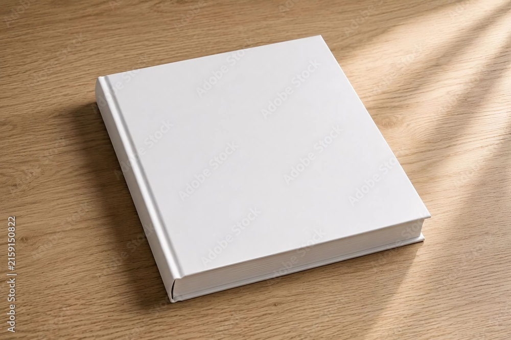 Fototapeta premium Blank white book cover mockup lying on a light natural wood table with soft ambient sunlight casting shadows.