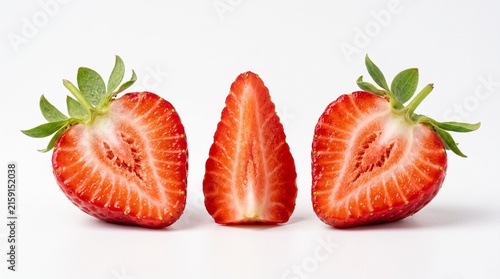 Three fresh strawberry halves arranged in a row isolated on a clean white background for food photography