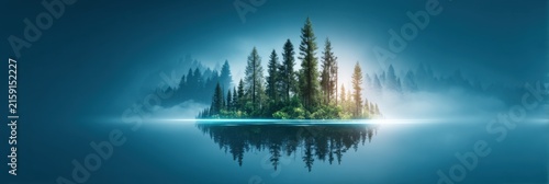 A serene, misty lake reflecting a small forested island with tall pine trees under a calm blue sky and soft sunlight.