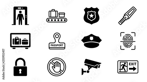 Airport security and public safety surveillance icons for protection.
