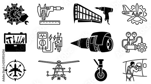 Aircraft repair and propulsion system icons for industrial maintenance.