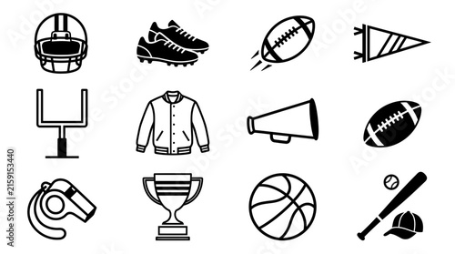 American football and baseball icon set black white isolated transparent.