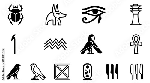 Ancient egyptian hieroglyph symbol icon set black white isolated transparent.