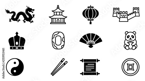 Chinese culture traditional icon set black white isolated transparent.