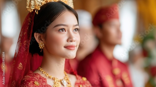 A young woman in traditional Southeast Asian attire with intricate gold jewelry and a red dress, smiling softly during a cultural or ceremonial event.