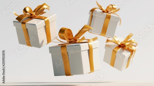 Elegant gift boxes with golden ribbons floating in midair, realistic 3D render on a white background with soft studio lighting, ultra-detailed luxury holiday advertising style.
