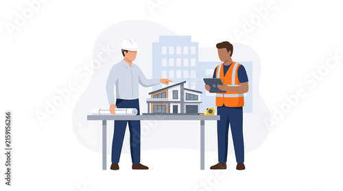 Architects Reviewing House Model Blueprints in a Modern Construction Office