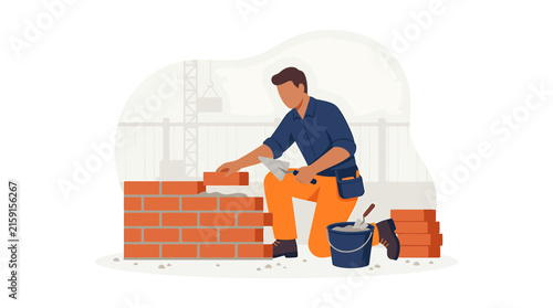 Bricklayer Building a Wall Using Trowel and Cement for Construction