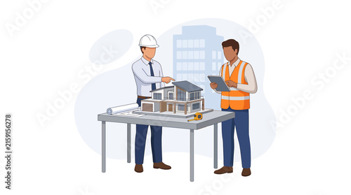 Architects Reviewing House Model in Corporate Office Illustration