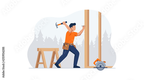 Carpenter Building a House Frame with Hammer and Nail at Job Site