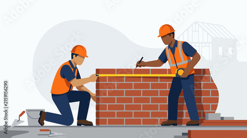 Bricklayers Measuring Wall Construction for Residential Building Project