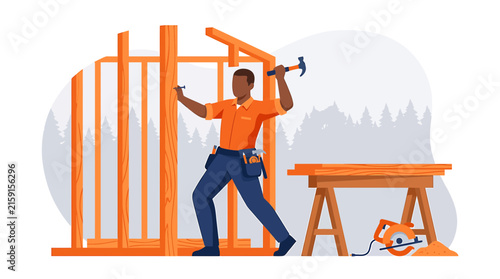 Carpenter Building Wooden House Frame Structure Construction Work