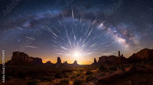 Dramatic cosmic nebula and gargantuan supernova explosion over desert landscape at night