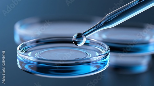A close-up of a dropper releasing a droplet into a petri dish filled with clear liquid.