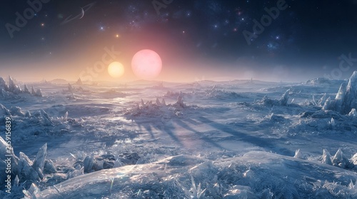 Frozen alien landscape with a cosmic nebula and bright supernova in a distant galaxy