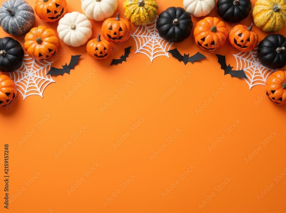 Fototapeta premium Colorful Halloween pumpkins and bats on an orange background